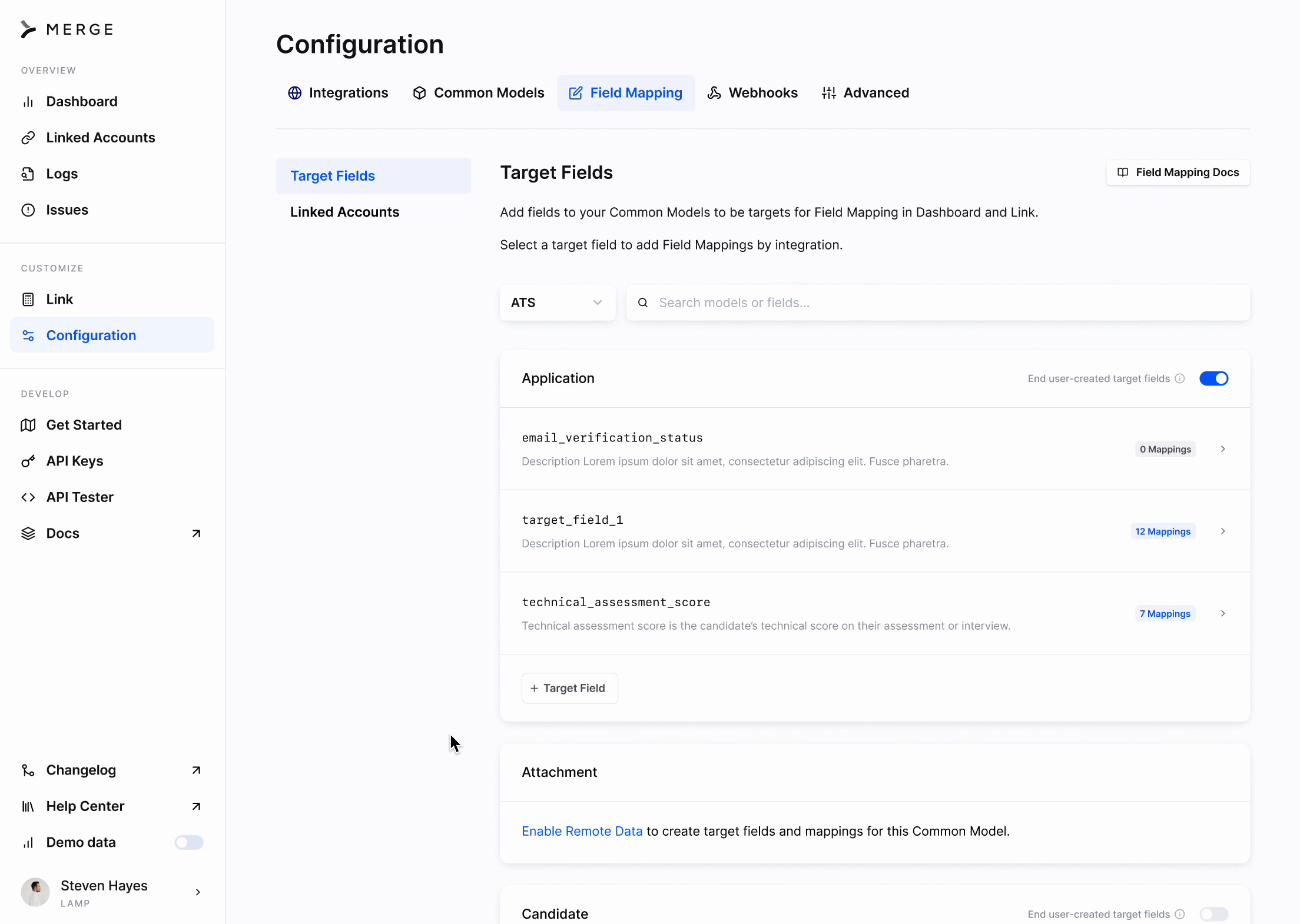 beta prototype of dashboard organization-level target fields