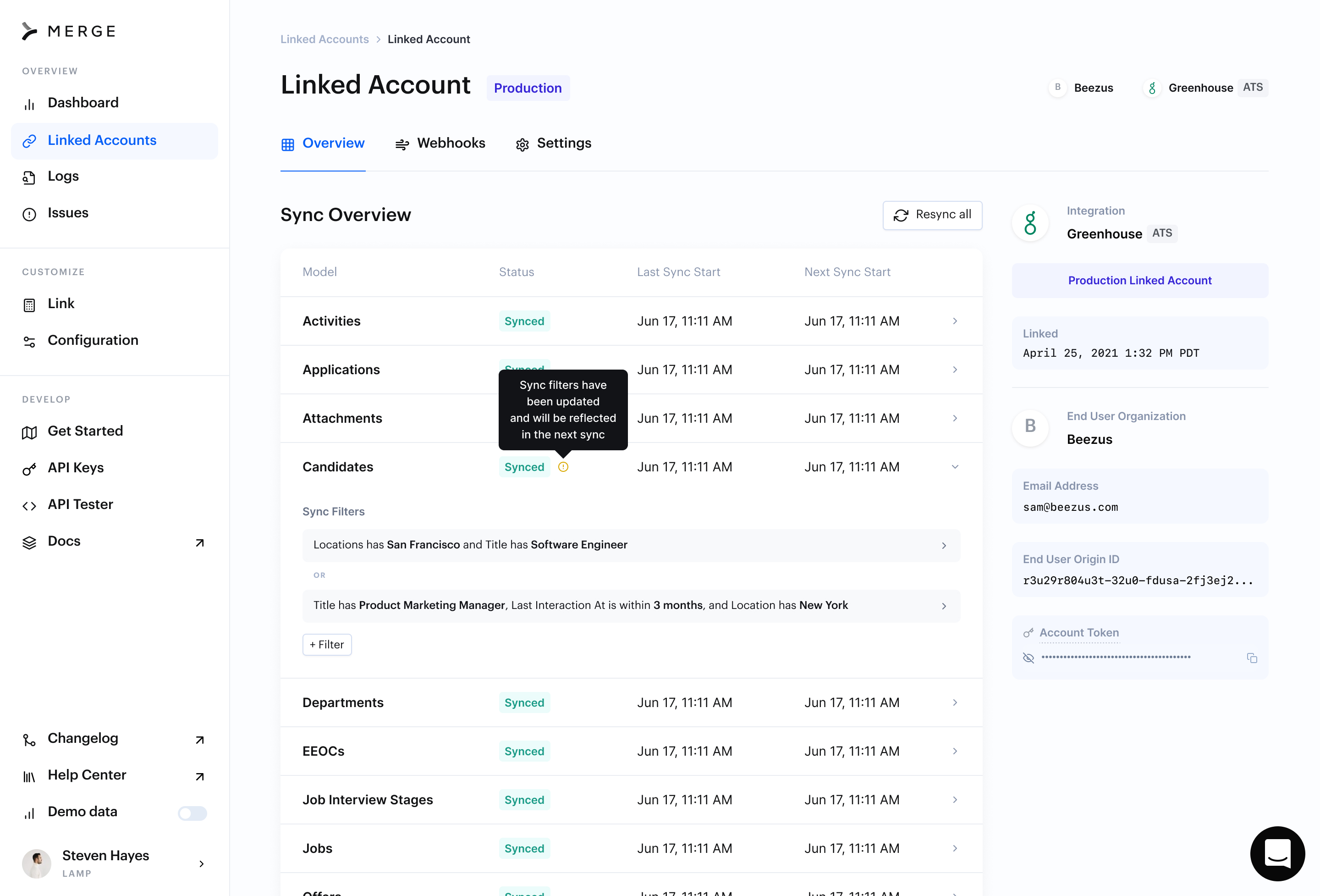Old design of Selective Sync filters in Linked Account Overview