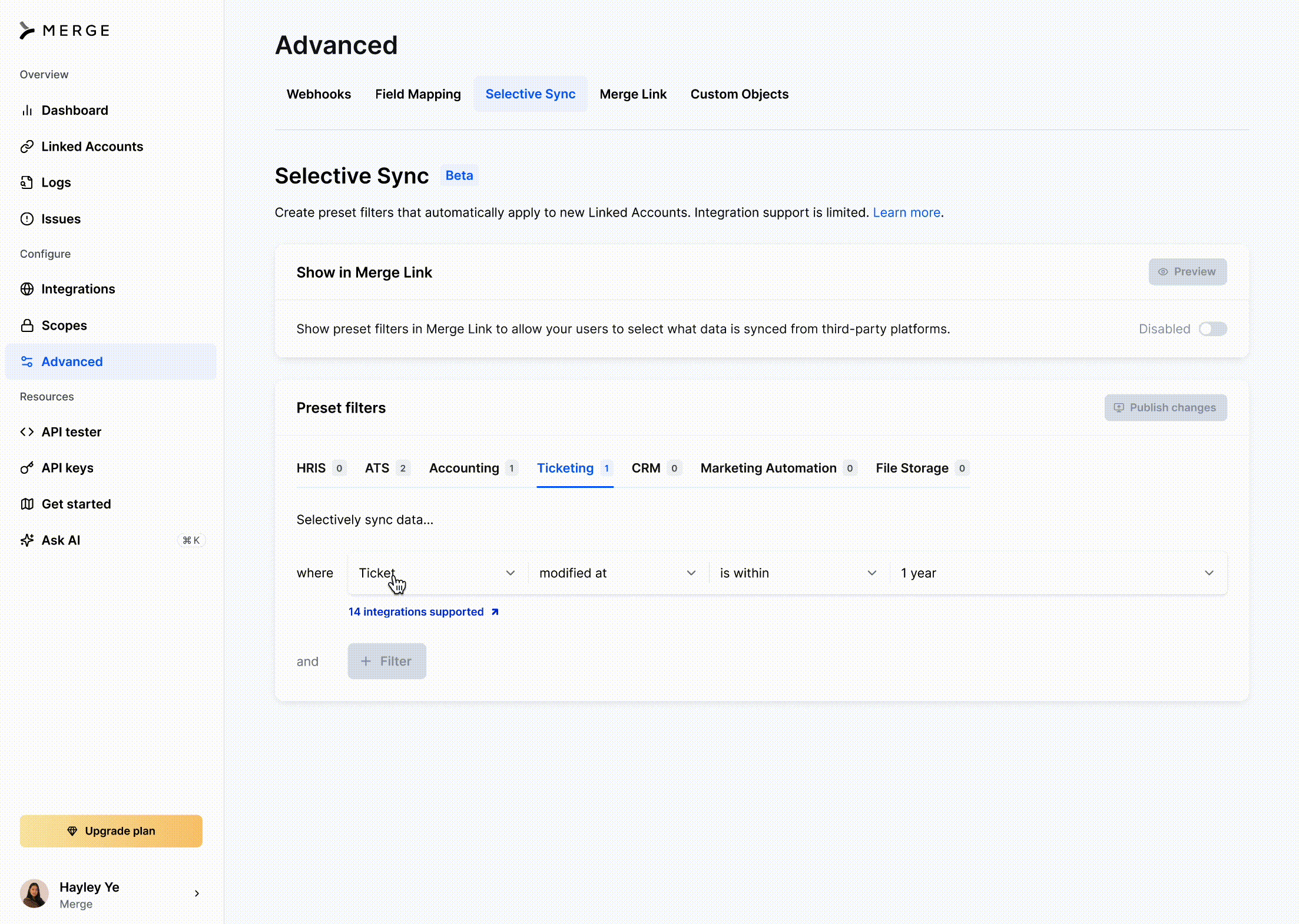 gif of organization-level Selective Sync filters for Free/Launch plan